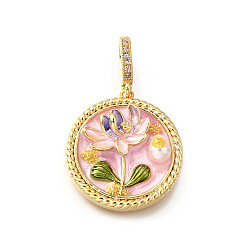 Бледно-Розовый Латунные подвески с микропаве из кубического циркония и эмали, плоский круглый с цветными чарами, с блестящей пудрой и натуральным пресноводным жемчугом, без никеля , реальный 18 k позолоченный, розовый жемчуг, 25.5x23.5x7.5 мм, отверстие : 6.5x4.5 мм