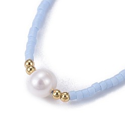 Light Blue Adjustable Nylon Cord Braided Bead Bracelets, with Japanese Seed Beads and Pearl, Light Blue, 2 inch~2-3/4 inch(5~7.1cm)