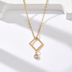 Rhombus 304 ожерелья из нержавеющей стали с геометрическим кулоном и цепочкой из кристаллов и страз, реальный 18 k позолоченный, ромб, 17.68 дюйм (44.9 см)