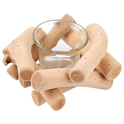 BurlyWood Natural Wooden Candle Holders, with Glass Cup, Rustic Country Style, for Home Decorations, BurlyWood, 12x12.6x6.1cm, 2pcs/set
