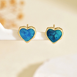 Зеленый Серьги-гвоздики в форме сердца из нержавеющей стали, реальный 18 k позолоченный, зелёные, 12x11 мм