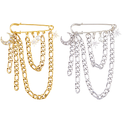 Золотой & Цвет Нержавеющей Стали 2 шт. 2 стили подвески в виде луны и звезд, броши из сплава со стразами, с акриловым жемчугом и 304 цепочками Фигаро из нержавеющей стали, золотые и нержавеющая сталь цвет, 116 мм