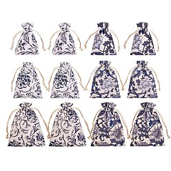 Blue Burlap Pouches, Polyester Drawstring Bags, Flower Pattern, Blue, 13.8~22.7x10~17.4cm, 12pcs/set