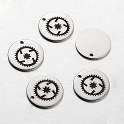 Stainless Steel Color Non-Tarnish Spray Painted 201 Stainless Steel Steampunk Charms, Flat Round with Gear Pattern, Stainless Steel Color, 14x1mm, Hole: 1mm