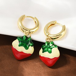 Настоящее золото 18K Серьги-кольца с эмалью из латуни и клубники, стойки покрытие, долговечный, без свинца и без кадмия, реальный 18 k позолоченный, 34.5x15 мм