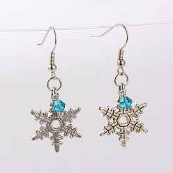 Mixed Color Tibetan Style Christmas Snowflake Dangle Earrings, with Glass Beads and Brass Earring Hooks, Antique Silver, Mixed Color, 41mm, Pin: 0.6mm