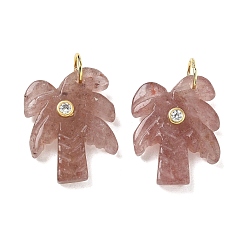 Strawberry Quartz Natural Strawberry Quartz Carved Pendants, Coconut Tree Charms with Brass Pave Clear Cubic Zirconia Findings, Golden, 26.5x20.5x7.5mm, Hole: 6.5mm
