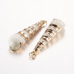 Golden Electroplate Spiral Shell Pendants, with Brass Findings, Screw Shell, Golden, 36~67x10~17mm, Hole: 3mm