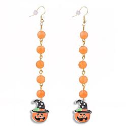 Orange Alloy Enamel Pumpkin Jack-O'-Lantern Dangle Earrings, for Halloween, with Imitation Gemstone Acrylic Round Beads, Brass Earring Hooks and Ear Nuts, Golden, Orange, 110mm, Pin: 0.6mm