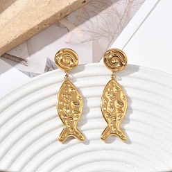 Golden 304 Stainless Steel Stud Dangle Earrings, Fish, Golden, 45x12.5mm
