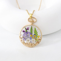 Средний Фиолетовый Кулоны-подвески из сплава и смолы в виде засушенных цветов, плоско-круглые, золотые, средне фиолетовый, 17.72 дюйм (45 см)
