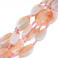 Wheat Natural Banded Agate/Striped Agate Beads Strands, Dyed & Heated, Oval, Wheat, 38~40x19~21x5~7mm, Hole: 1.6mm, about 8pcs/Strand, 15.55 inch(39.5cm)
