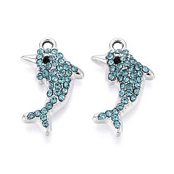 Аквамарин Подвески из сплава со стразами, дельфин, без кадмия, без никеля и без свинца, платина, аквамарин, 21.5x13x4 мм, отверстие : 1.6 мм