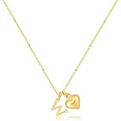 Letter W Женские латунные подвески в виде инициалов и сердца, реальный 14 k позолоченный, Буква W, 15.75 дюйм (40 см)