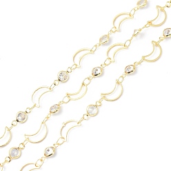 Golden Brass & Cubic Zirconia Handmade Beaded Chains, with Spool, Long-Lasting Plated, Moon, Soldered, Golden, 9~10x5~6x0.5~2mm, about 10.93 yards(10m)/roll