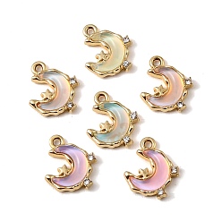 Oro Colgantes de vidrio de aleación de chapado uv, encanto de la luna, con diamante de imitación, facetados, color mezclado, dorado, 16x13x4 mm, agujero: 1.8 mm