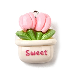 Pink Непрозрачные подвески смолы, цветок с платиновой железной петлей, розовые, 27.5x21x11.5 мм, отверстие : 2 мм