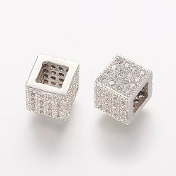 Platinum Brass Micro Pave Cubic Zirconia Beads, Cube, Platinum, 7.5x7.5x7mm, Hole: 4x4mm