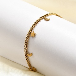 Золотой 304 стали луна и звезды шарм браслеты из нержавеющей, браслеты с цепочками для женщин, ионное покрытие (ip), золотые, 6-3/4 дюйм (17.2 см) в длину + 35 удлинитель мм