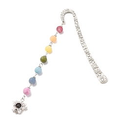 Antique Silver Tibetan Style Alloy Bookmarks, with Chakra Theme Fropted Natural Gemstone Beaded Pendant, Lotus, Antique Silver, 141mm