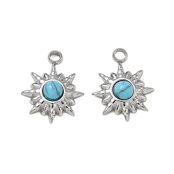 Stainless Steel Color Synthetic Turquoise Pendants, 304 Stainless Steel Sun Bezeled Charms, Stainless Steel Color, 12x10x3mm, Hole: 1.5mm