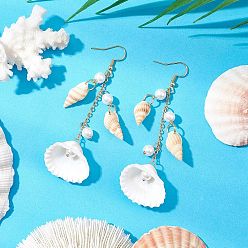 Золотой 304 серьги-подвески в форме ракушки из нержавеющей стали, с натуральной ракушкой каури и искусственным жемчугом, золотые, 80.5~83.5x26.5~27.5 мм