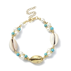 Synthetic Turquoise Natural Shell & Shell Pearl & Synthetic Turquoise Beaded Bracelet, Inner Diameter: 7-1/2 inch(19.1cm)