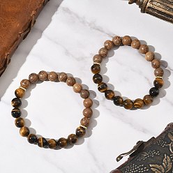 Тигровый глаз 2 шт. 2 стили браслеты из натурального тигрового глаза и дерева с круглыми бусинами для мужчин и женщин, внутренний диаметр: 2-1/4~2-5/8 дюйм (5.8~6.65 см), 1 шт / стиль