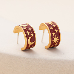 Темно-Красный Серьги-гвоздики с эмалевыми лунами и звездами, серьги-кольца из позолоченной латуни с 925 булавками из стерлингового серебра для женщин, темно-красный, 14x8 мм