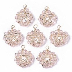 Pink Glass Pendants, Wire Wrapped Pendants, with Real 18K Gold Plated Brass Wires, Nickel Free, Star, Pink, 15.5x13x6mm, Hole: 1.6mm