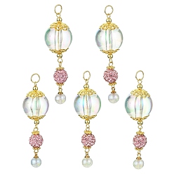 Golden Acrylic Pendants, with Polymer Clay Rhinestone Beads, Golden, 64x19.5mm, Hole: 5mm