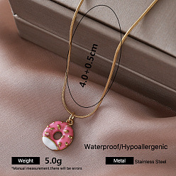 Pink Vintage 304 Stainless Steel Enamel Donut Pendant Necklaces for Women, Golden, Pink, 15.75 inch(40cm)