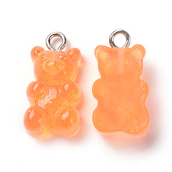 Sandy Brown Translucent Resin Pendants, with Platinum Plated Metal Screw Eye Pin Peg Bails, Bear, Sandy Brown, 20x11x7mm, Hole: 2mm