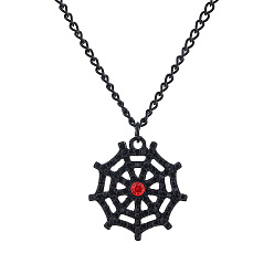 Light Siam Halloween Alloy Rhinestone Spider Web Pendant Necklaces for Unisex, Black, Light Siam, 17.72 inch(45cm)