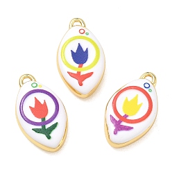 Mixed Color Printed Brass Pendants, Oval with Tulip Charms, Rack Plating, Long-Lasting Plated, Lead Free & Cadmium Free, Real 18K Gold Plate, Mixed Color, 22.5x12.5x5mm, Hole: 1.1mm