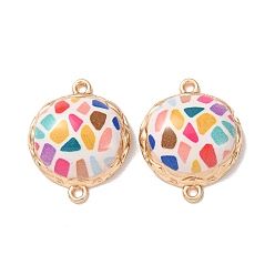 White Printed Alloy Enamel Connector Charms, Mosaic Half Round Links, Rack Plating, Golden, White, 22x18x6.5mm, Hole: 1.2mm