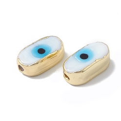 Weiß Messing Perlen, mit Emaille, echt 18 k vergoldet, Oval mit bösen Blick, weiß, 14x8x6 mm, Bohrung: 1.4 mm