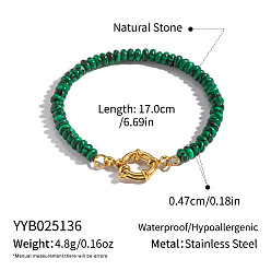 Малахит Браслеты из натурального малахита с бусинами-рондель, 304 браслеты из нержавеющей стали ссылка для женщин, кольцо, реальный 18 k позолоченный, 6-7/8 дюйм (17.5 см)