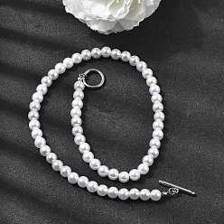 Нержавеющая Сталь Цвет 8Мм белые круглые пластиковые жемчужные бусы на цепочке для женщин, с 304 застежками из нержавеющей стали, цвет нержавеющей стали, 18.50 дюйм (47 см)