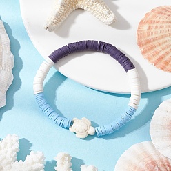 Tortoise Плоские круглые браслеты ручной работы из полимерной глины heishi с бусинами, составные браслеты для женщин, с крошкой синтетической бирюзы, черепаха, внутренний диаметр: 2-1/8 дюйм (5.5 см), Черепаха: 18x14x7 мм