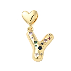 Letter Y Покрытие стойки латунь микро паве прозрачные перданты из кубического циркония, без кадмия и без свинца, долговечный, реальный 18 k позолоченный, Письмо Y, 32 мм, Кулон : 22x18x4 мм, отверстие : 6x3 мм