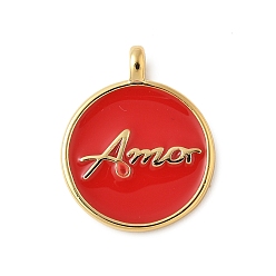 Красный Латунь эмаль подвески, плоский круглый с надписью amor брелок, без свинца и без кадмия, долговечный, стойки покрытие, реальный 18 k позолоченный, красные, 18x15x2 мм, отверстие : 2.3 мм