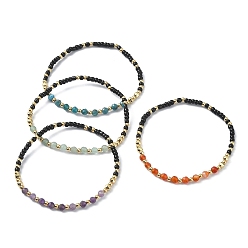 Mixed Stone 4Pcs 4 Style Natural Mixed Gemstone & Brass Beaded Stretch Bracelets Set, Inner Diameter: 2-1/4 inch(5.85cm), 1Pc/style