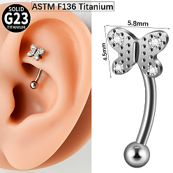 Бабочка G23 титан прозрачный кубический цирконий бровь изогнутые штанги кольца, хрящевые серьги, цвет нержавеющей стали, бабочка, 10 мм, штифты : 1.2 мм, Руководитель: 3 mm