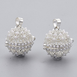 Silver Rack Plating Brass Cage Pendants, Nickel Free, For Chime Ball Pendant Necklaces Making, with ABS Plastic Imitation Pearl and Iron Ice Pick Pinch Bails, Hollow Round with Flower, Silver Color Plated, 22x19x21.5mm, Hole: 3.5x4.5mm, inner measure: 14.5mm.