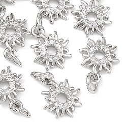 Real Platinum Plated SHEGRACE Brass Clear Cubic Zirconia Charms, Sun Charms, Cadmium Free & Lead Free & Nickel Free, Real Platinum Plated, 11.5x9x2mm, Hole: 3mm