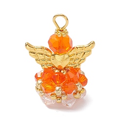 Темно-Оранжевый Стеклянные подвески, угол, с бусинами-крылышками из сплава и железной петлей, граненые, темно-оранжевый, 30x21.5x16 мм, отверстие : 2.2~3.6 мм