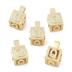 Letter Q Кулоны из латуни с микропейвом и прозрачным фианитом, реальный 18 k позолоченный, куб с письмом, letter.q, 26x17x17 мм, отверстие : 5x8 мм