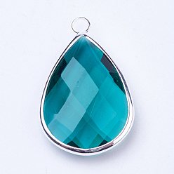 Teal Silver Color Plated Brass Glass Teardrop Pendants, Faceted, Teal, 18x10x5mm, Hole: 2mm