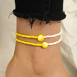 Желтый 2шт. наборы эластичных браслетов на ногу из полимерной глины и стеклянных бусин инь-янь для женщин, желтые, внутренний диаметр: 2-3/4 дюйм (70 мм)